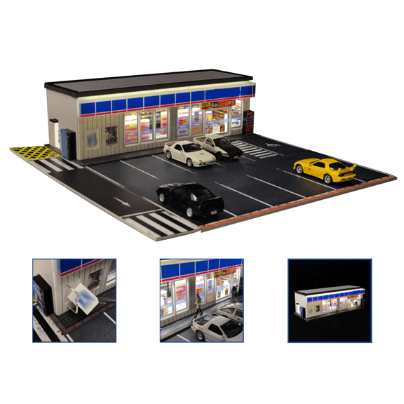 1/64 Scale Convenience Store Building Diorama with LED Lights, Street Scene Model with Parking Area & Vending Machines, Display Base for Miniature Collections(No Cars or Figures)