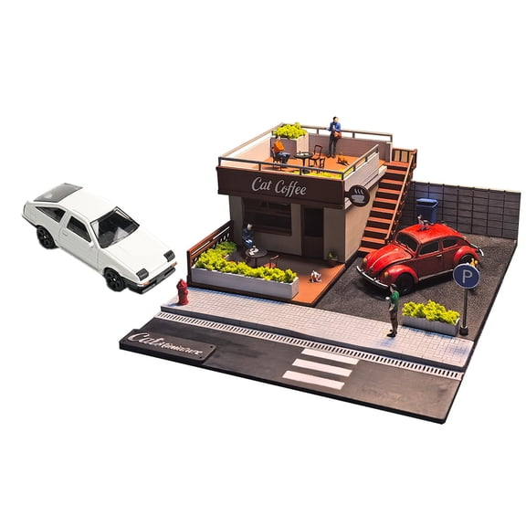 1/64 Scale Corner Coffee Shop Diorama With 1/64 Scale Mini Alloy Car Parking Lot, 3D Printed Miniature Street Scene Building Display Model For Diecast Car Collections Desktop Decoration