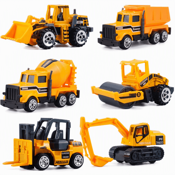 1/64 Scale Die-Cast Metal & Plastic Construction Vehicles Set, 6PCS Mini Alloy Toy Trucks with Excavator Bulldozer & Dump - Model Cars Gift for Kids Boys Girls