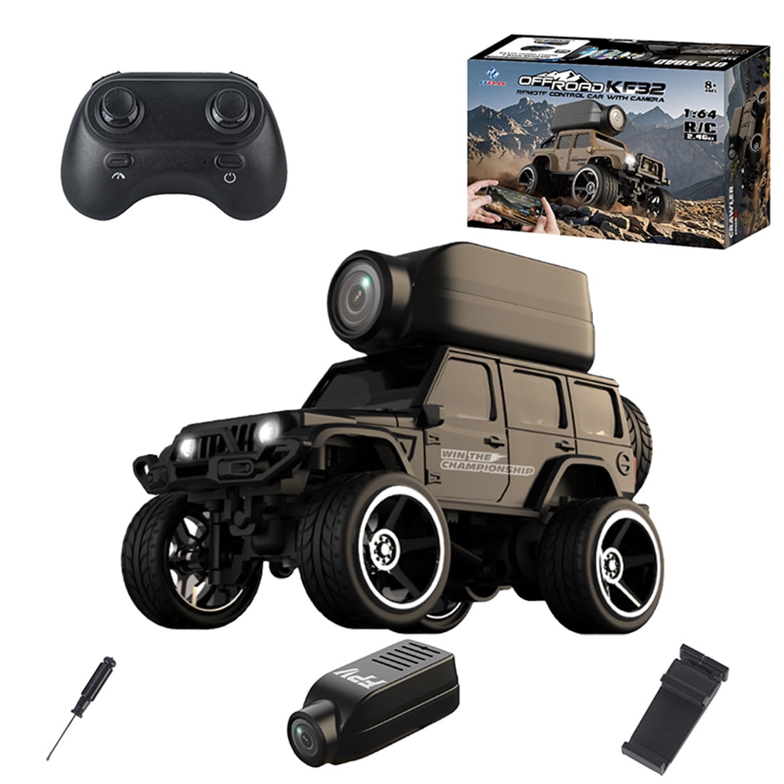 1:64 Scale Die-Cast RC Car with FPV Camera, 4WD Off-Road Crawler, APP & Remote Control, Real-Time Video, Adjustable Speed, LED Lights for Adults, KF32/Black