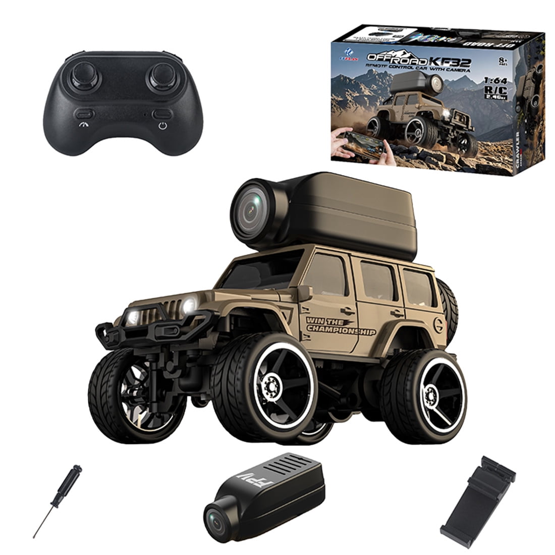 1:64 Scale Die-Cast RC Car with FPV Camera, 4WD Off-Road Crawler, APP & Remote Control, Real-Time Video, Adjustable Speed, LED Lights for Adults, KF32/Yellow