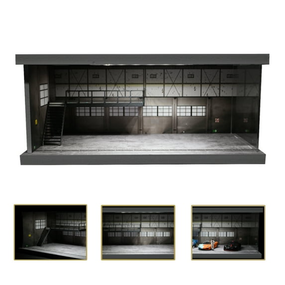 1/64 Scale Diorama Car Garage Model LED Light Car Repair Workshop Scene Model Case, Parking Lot Model for Diecast Car Display, with Acrylic Dust Door