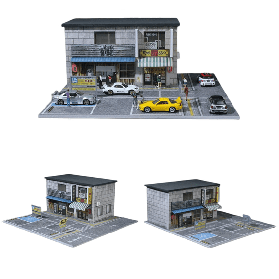 1/64 Scale Diorama Car Garage Model LED Lighting, City Street Restaurant Scene Building Display Model Toys for Home Decor Collection