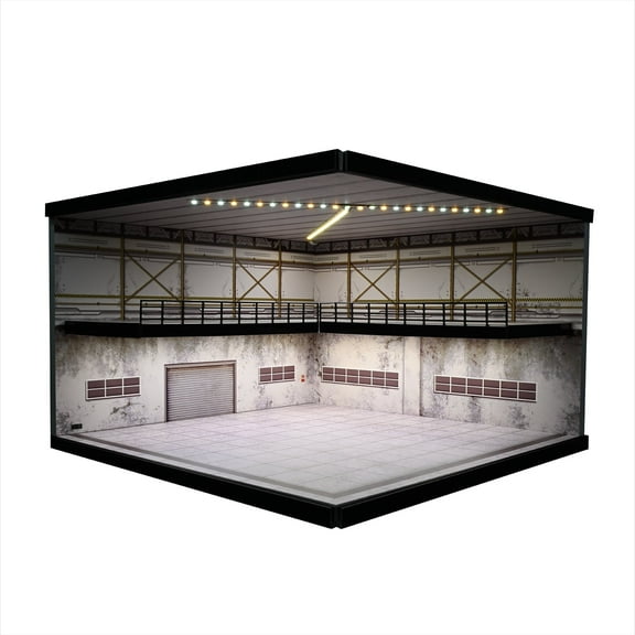 1/64 Scale Diorama Car Garage Model LED Lighting Parking Lot Showroom Scene Display Case Model, Three Adjustable Lights, Dustproof Acrylic Collection Toys