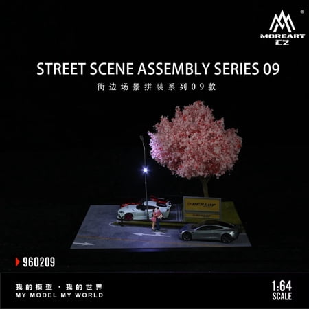 1/64 Scale Diorama Car Garage Model with LED Lighting Show, City Street View Air-Open Parking Lot Building Scene Model Toys, Collection Gift for Diecast Car Display