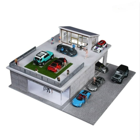 1/64 Scale Diorama Car Garage Model LED Lighting Shown Sunroom Building Scene Model, Double Car Parking Lot Scene Display, Die-cast Car Scene Model Display Box Collection Toys