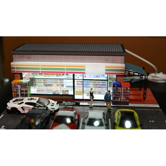 1/64 Scale Diorama Car Garage Model with LED Lighting City Street Parking Lot Scene Model, Diecast Car Display Case Model Collection Toys