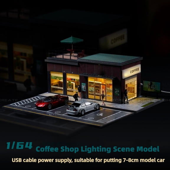 1/64 Scale Diorama Die-Cast Car Garage Model LED Lighting, Diecast Car Parking Lots Display Case Kits,City Street Coffee Shop Maintenance Workshop Building Scene Display Model