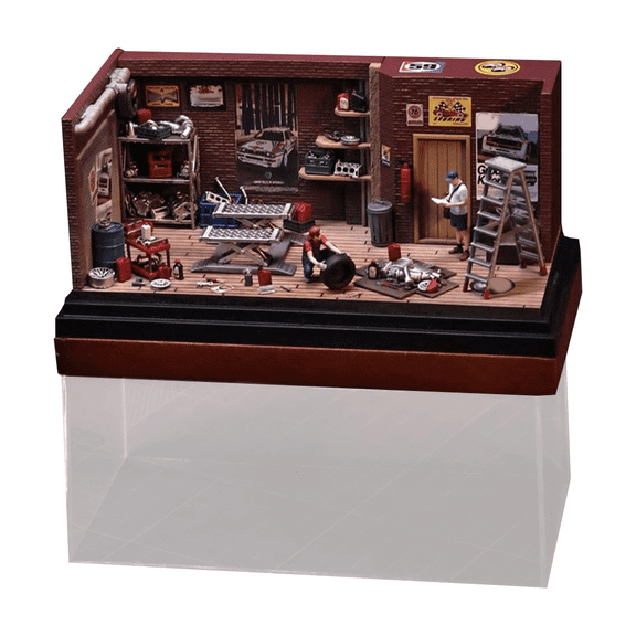 1/64 Scale LED Workshop Diorama With Figures And Accessories, Miniature Vehicle Display Scene Building With Dust Cover For Diecast Collections, Photography And Desktop Showcases