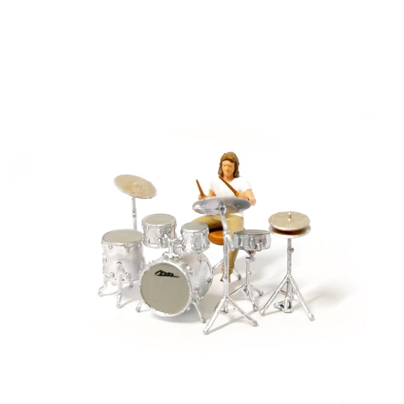 1/64 Scale Mini Drum Set with Drummer Figure, Miniature Silver Drum Kit Model, dollhouse Accessory