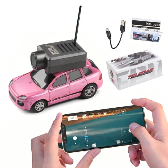 1/64 Scale Mini FPV RC Car With 720P Camera APP Remote Control Real Time Video Recording Gyroscope Stabilization LED Ambient Lights For Indoor Desktop Driving Hobby Vehicle,6401- Pink