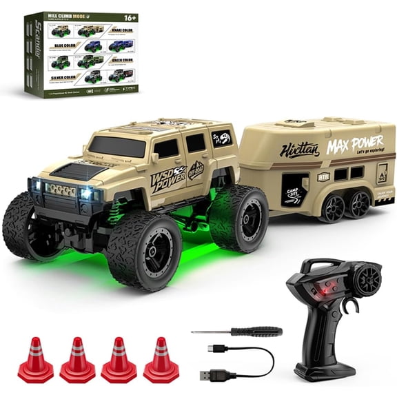 1:64 Scale Mini RC Crawler Truck with Trailer, Full Proportional Remote Control Off-Road Car with LED Light, 4WD Rock Crawler Toy Vehicle with Accessories, Kids Hobby Model Car Gift