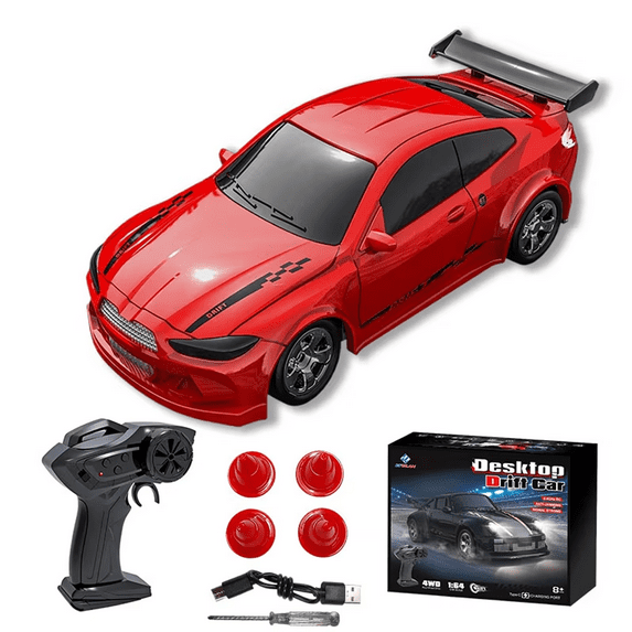 1/64 Scale Mini RC Drift Car, 2.4GHz 4WD Remote Control Racing Car with Proportional Throttle & Gun Controller, RTR Desktop Car with Road Barriers for Teens and Adults