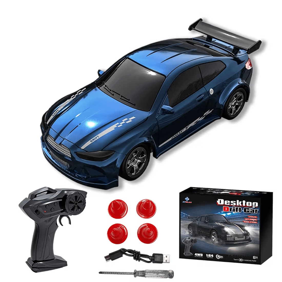 1/64 Scale Mini RC Drift Car, 2.4GHz 4WD Remote Control Racing Car with Proportional Throttle & Gun Controller, RTR Desktop Car with Road Barriers for Teens and Adults
