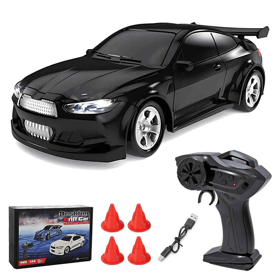 1/64 Scale Mini RC Drift Car, 2.4GHz Remote Control Car Model with LED Lights, High/Low Speed Modes, 4WD 15KM/H Drift Vehicle Toy with Roadblocks