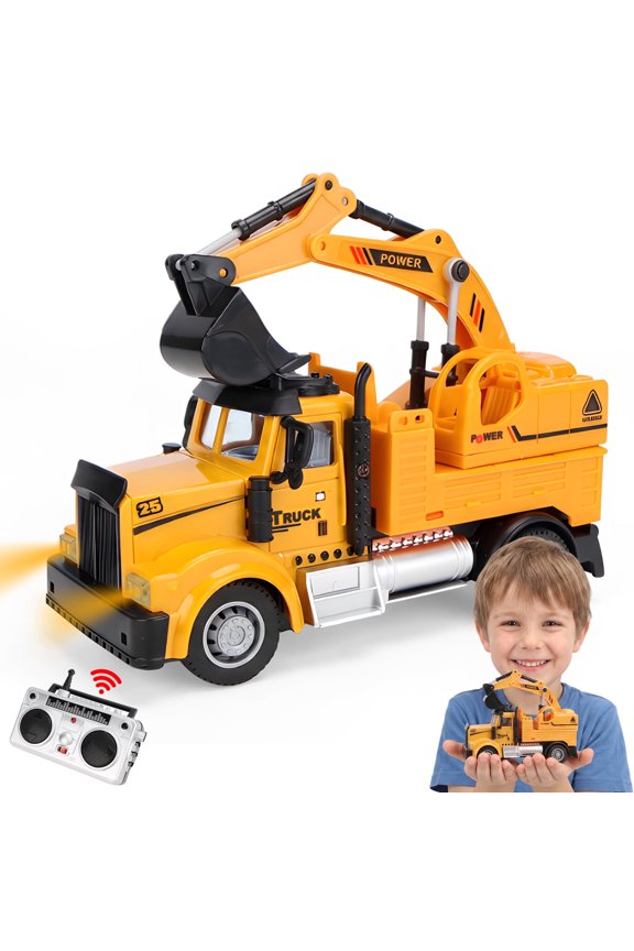 RC Excavator Toy 1:64 Mini Remote Control Car with Headlights Portable Construction Vehicle for Kids Toddler