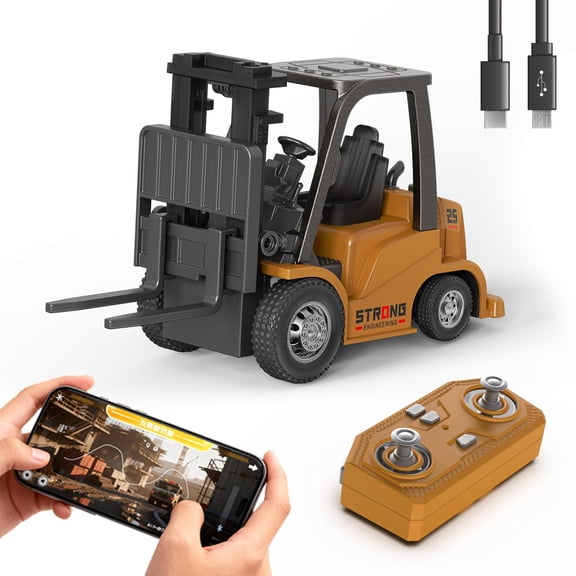 1/64 Scale Mini RC Forklift Toy, Alloy App Controlled Remote Control Construction Truck Gift for Kids, Boys, Girls and Adults