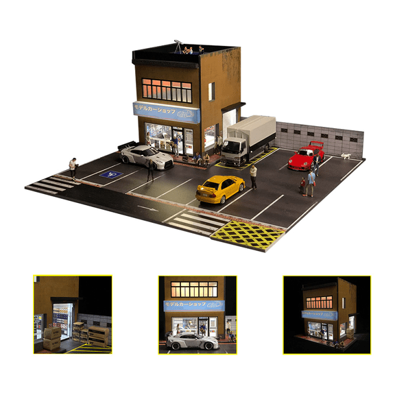 1/64 Scale Model Shop Building Diorama with LED Lights, Industrial Style Scene with Parking Area, Display Base for Miniature Collections(No Vehicles or Figures)