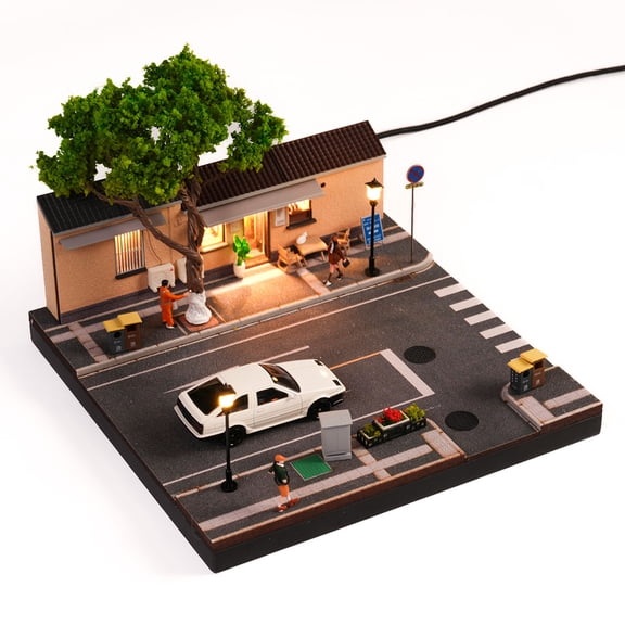 1/64 Scale Nanjing Guling Gallery Historic Street Scene Landmark Cafe Diorama Model with LED Street Lamps, Miniature City Scene Display for Diecast Cars