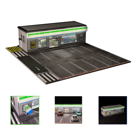 1/64 Scale Parking Garage Diorama with LED Lights, Miniature Building Scene Model for Car Displays, Parking Lot Scene Display, Convenience Store Building Model Gifts(No Vehicles or Figures)