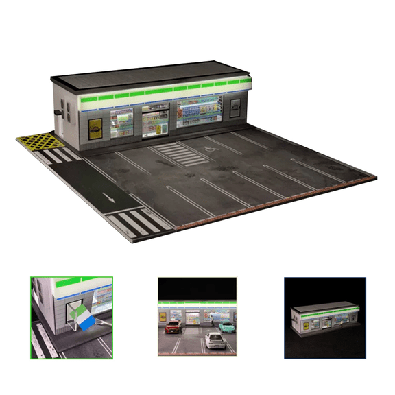 1/64 Scale Parking Garage Diorama with LED Lights, Miniature Building Scene Model for Car Displays, Parking Lot Scene Display, Convenience Store Building Model Gifts(No Vehicles or Figures)