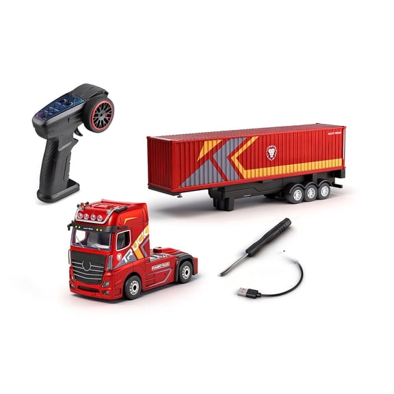 1/64 Scale RC Container Truck 4WD, 2.4GHz Proportional Steering with Trailer Lift & Cruise Mode, 3-Speed, Lights & Sound, Red Mini RC Semi Truck RTR