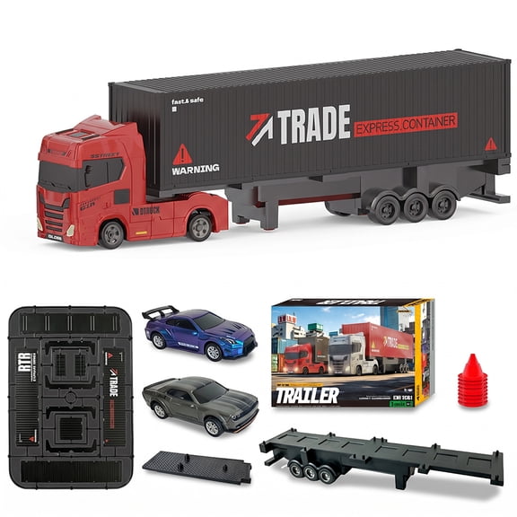 1:64 Scale RC Drift Truck with Car Carrier Trailer, 7CH Full Proportional Control Gyro Stabilization RC Transport Truck with LED Lights, Drift & Racing Tires for Hobbyists