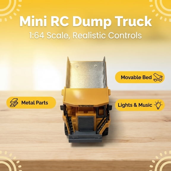 1:64 Scale RC Dump Truck for Kids, Yellow Alloy & Plastic Build, Rotatable Tipper Bed with LED Lights, Battery & Charger Included, Construction Vehicle Toy Ages 6+