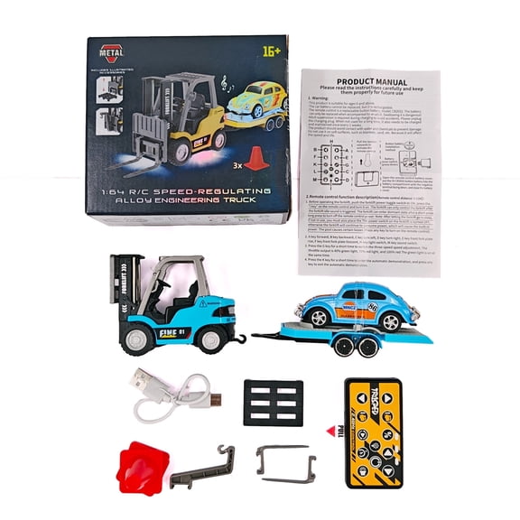 1:64 Scale RC Engineering Forklift with Trailer, 2.4G Remote Control Construction Vehicle with 3-Speed Adjustment, Lights & Sound, Mini RC Forklift for Adults