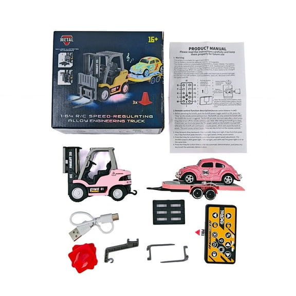 1:64 Scale RC Engineering Forklift with Trailer, 2.4G Remote Control Construction Vehicle with 3-Speed Adjustment, Lights & Sound, Mini RC Forklift for Adults