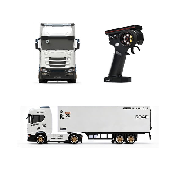 1/64 Scale RC Transport Truck Car With Trailer Full Proportional 2.4GHz Remote Control Gyroscope Stabilization LED Lights Drift And Racing Tires For Desks Indoor Driving Vehicle- White