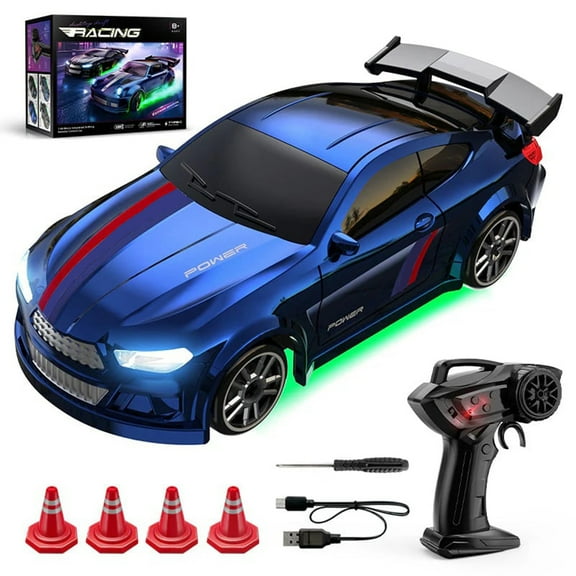 1:64 Scale Rc Drift Car - 2.4Ghz 4Wd High-Speed Remote Control Car With Led Lights & Racing Kit Desktop Remote Control Drift Racing Racing Toy Royal Blue