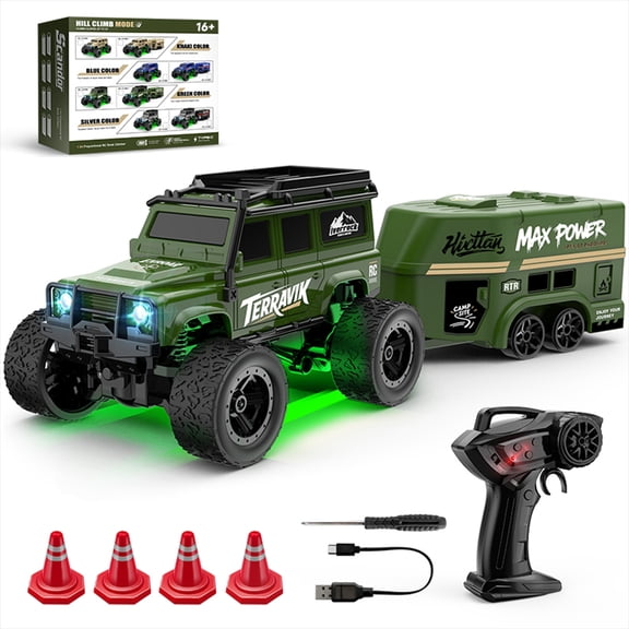 1/64 Scale Remote Control Car with Trailer, 2.4G Full Proportional Off-Road RC Crawler Truck with LED Lights, Dual Velocity Mode, Mini RC Monster Truck Model for Adults