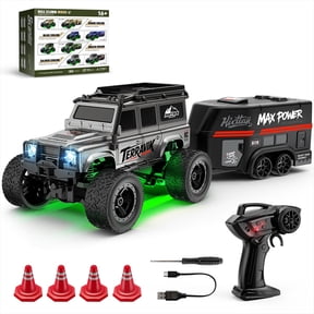 1/64 Scale Remote Control Car with Trailer, 2.4G Full Proportional Off-Road RC Crawler Truck with LED Lights, Dual Velocity Mode, Mini RC Monster Truck Model for Adults