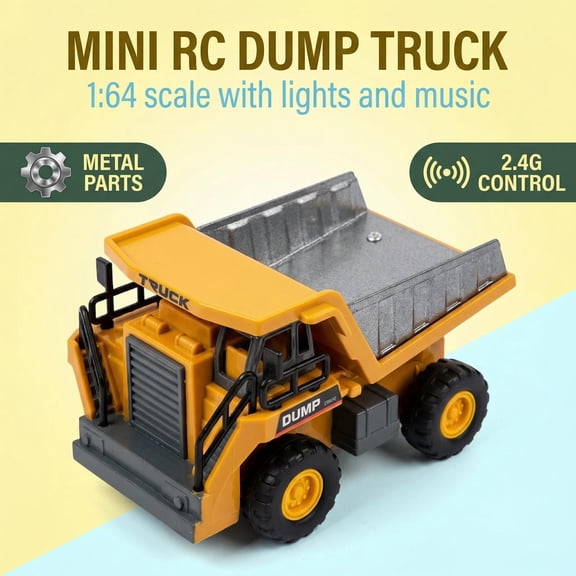 1:64 Scale Remote Control Dump Truck Toy for Kids, Alloy & Plastic Build, Rotatable Cargo Bed with LED Lights, Battery & Charger Included, Yellow Mining Vehicle Toy for Ages 6+