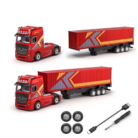 1/64 Scale Remote Control Tractor Trailer Truck With Detachable Container Full Proportional Steering Light And Sound Effects Vehicle For Indoor Desks And Display Collections