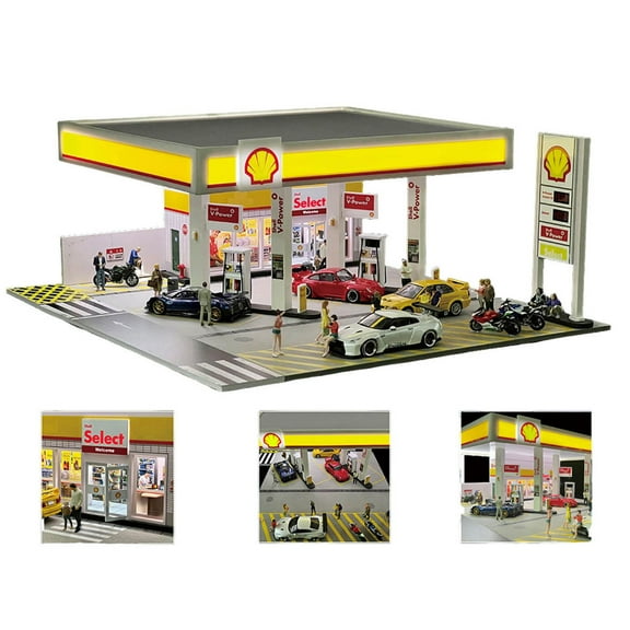 1/64 Scale Shell Gas Station Building Scene Model with LED Lights, Miniature Service Station Display Diorama for Diecast Cars Collection, Decor Gift for Adults (Cars & Figures Not Included)