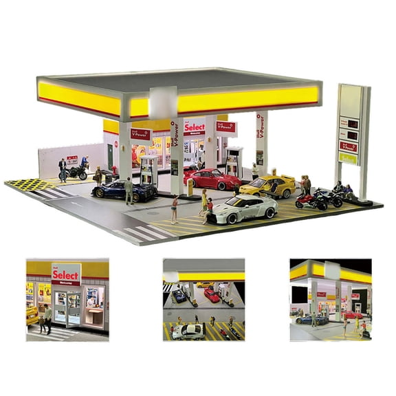 1/64 Scale Shell Station Diorama - LED Lighted Building Model with Miniature Accessories, Compatible with All 1:64 Scale Model Cars Collectible Display Scene (Vehicles & Figures Not Included)