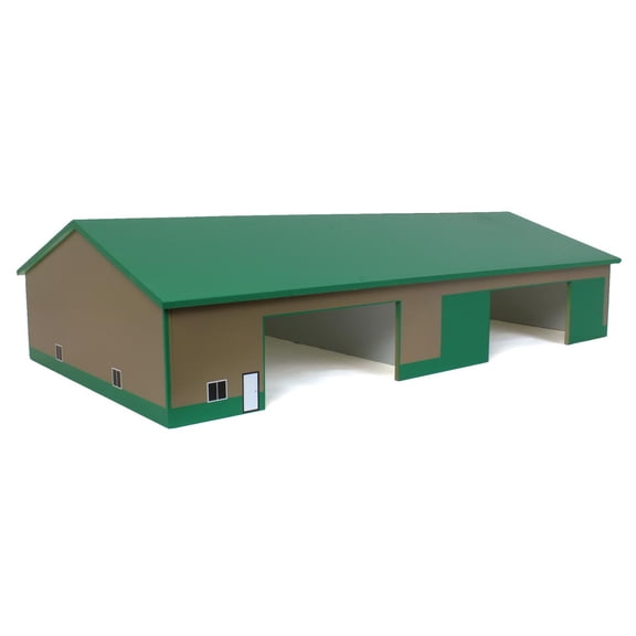 1/64 Tan & Green 2 Door 70ft x 130ft Wooden Implement Pole Building w/ Divided Shop Area STA-208