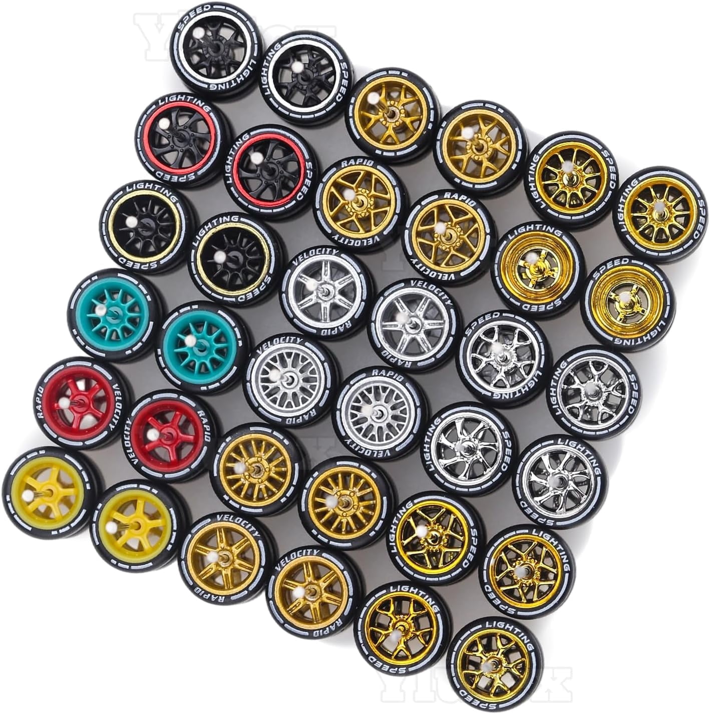 1/64 Wheels Mixed/Random Real Riders Wheels Rims Tires SetWheels with Printed Design & Gold Plated Rims for 10 Cars 1/64 Scale (J1004)