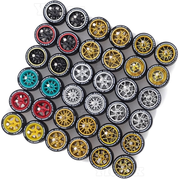 1/64 Wheels Mixed/Random Real Riders Wheels Rims Tires SetWheels with Printed Design & Gold Plated Rims for 10 Cars 1/64 Scale (J1004)