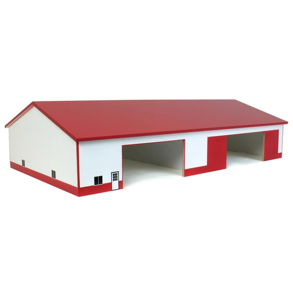 1/64 White & Red 2 Door 70ft x 130ft Wooden Implement Pole Building w/ Divided Shop Area STA-207