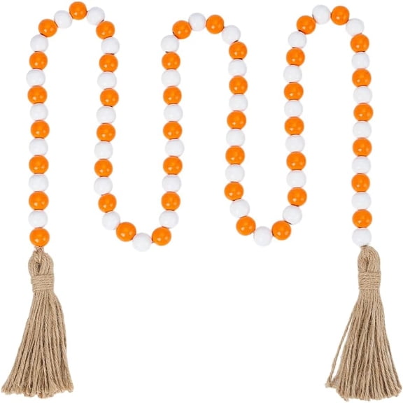 1.64 Yards Orange Wood Bead Garland with Tassels Decorative Beads Farmhouse Rustic Country Beads for Christmas Tree Home Room Decor Wall Curtain Rod Accents Shelf