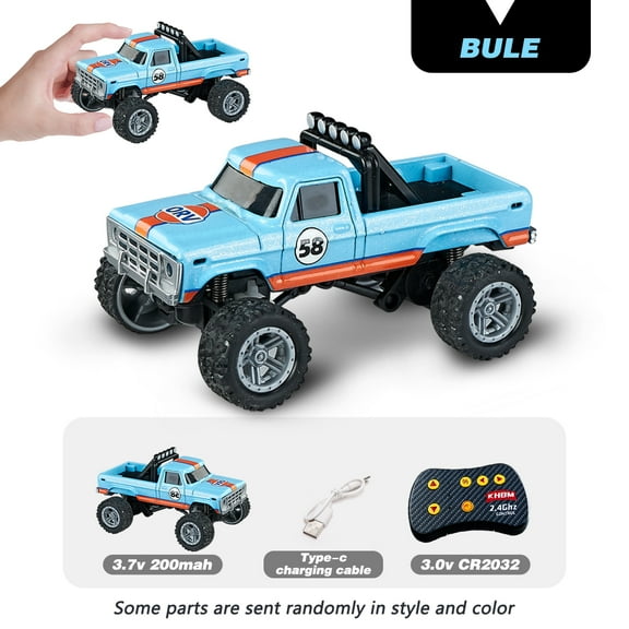 1: 64 scale Bigfoot remote control car - equipped with lights, 2.4GHz remote control, alloy structure, supporting speed regulation/steering and four-wheel suspension
