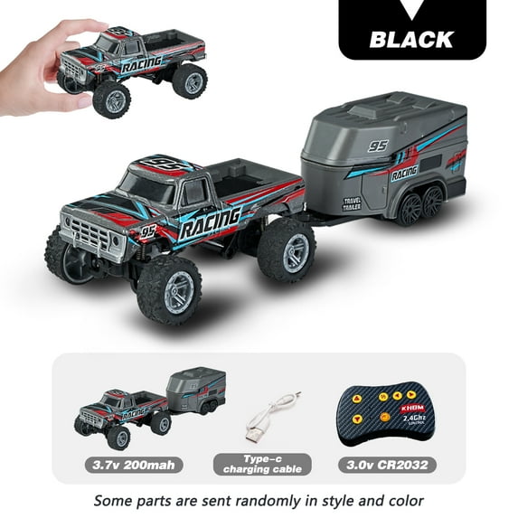 1: 64 scale Bigfoot with trailer remote control car - equipped with lights, 2.4GHz remote control, alloy structure, supporting speed regulation/steering