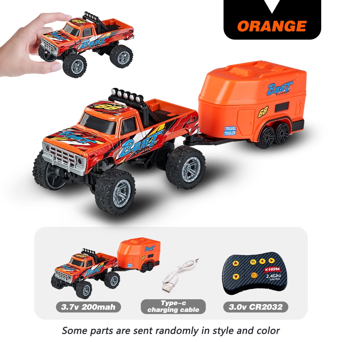 1: 64 scale Bigfoot with trailer remote control car - equipped with lights, 2.4GHz remote control, alloy structure, supporting speed regulation/steering