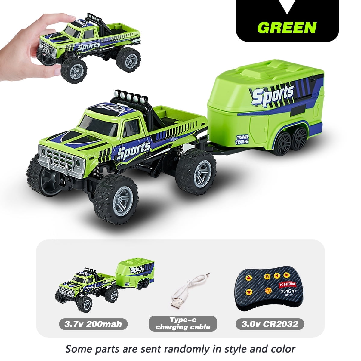 1: 64 scale Bigfoot with trailer remote control car - equipped with lights, 2.4GHz remote control, alloy structure, supporting speed regulation/steering