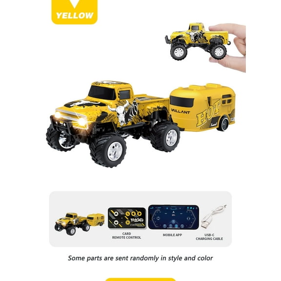 1: 64 scale remote-controlled Bigfoot truck with lights, dual 2.4GHz and application control, alloy structure, adjustable speed/steering and four-wheel suspension