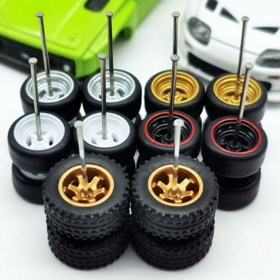 1/64 wheels and Tires Kit to Upgrade Mainline Diecast Model Cars, Car Culture Real Riders Series, ABS and Rubber Material Detail-up Accessories 4 Standard 0.43In and 1 Off-Road 0.55In in A Box