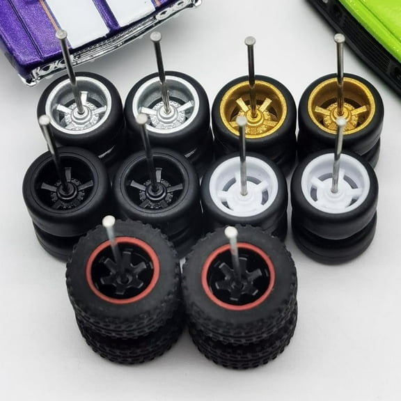 1/64 wheels and Tires Kit to Upgrade Mainline Diecast Model Cars,  Car Culture Real Riders Series, ABS and Rubber Material Detail-up Accessories 4 Standard 0.43In and 1 Off-Road 0.55In in A Box